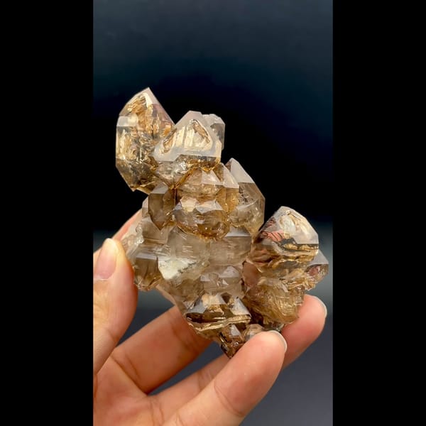 Skeletal smoky quartz cluster with ochre coating from Namibia — alternate view