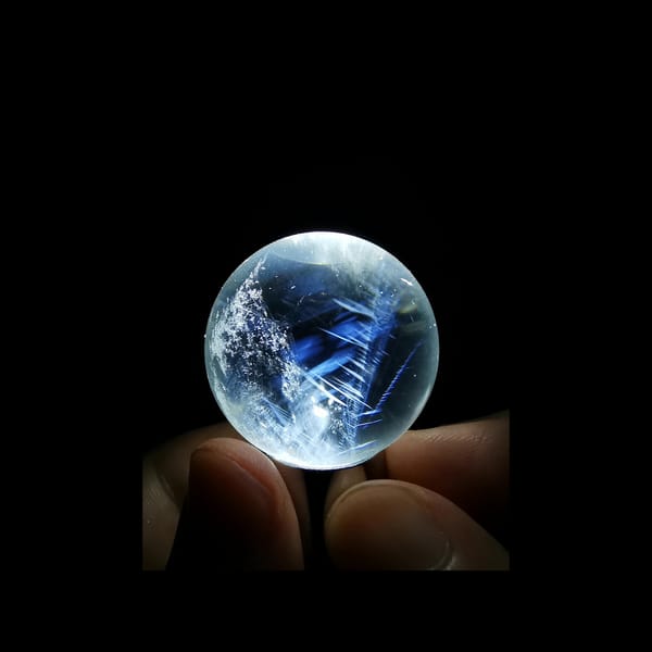 Clear quartz sphere full of feathery blue needles — alternate view