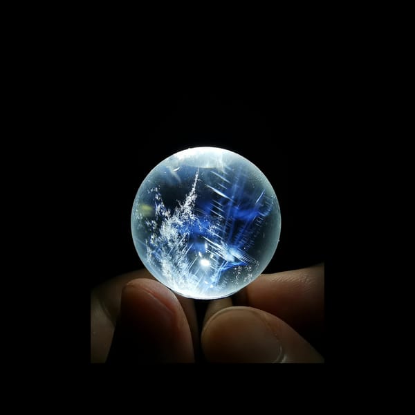 Clear quartz sphere full of feathery blue needles — detail view