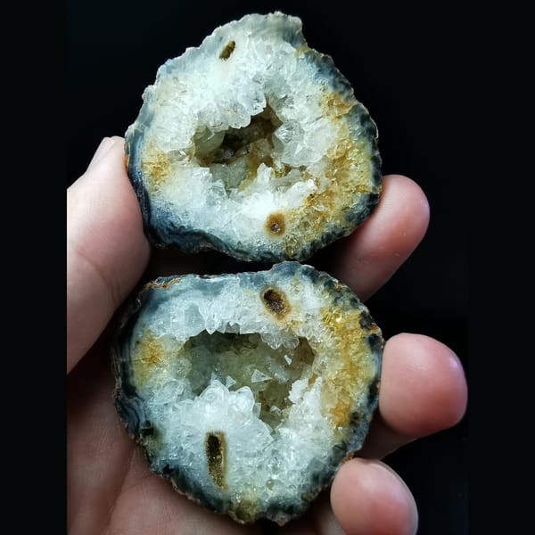Matched pair of Brazilian agate geode halves — complete view