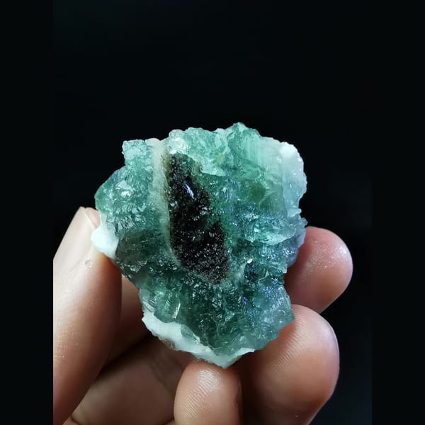 Green fluorite with quartz and prehnite from Shijiangshan — alternate view