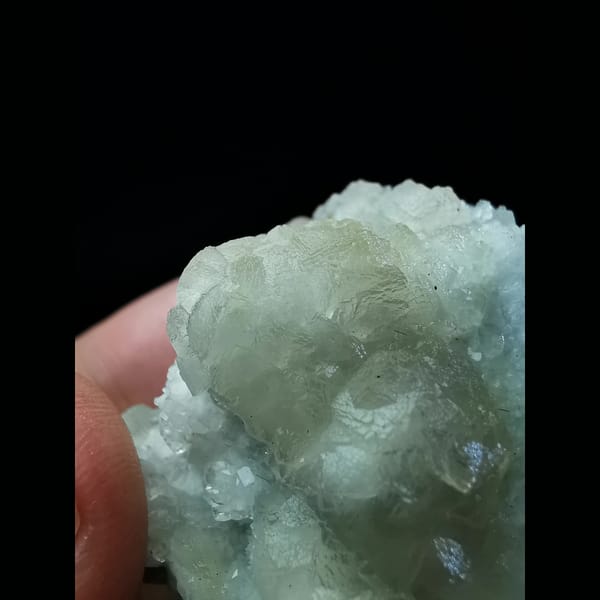 Green fluorite with quartz and prehnite from Shijiangshan — detail view