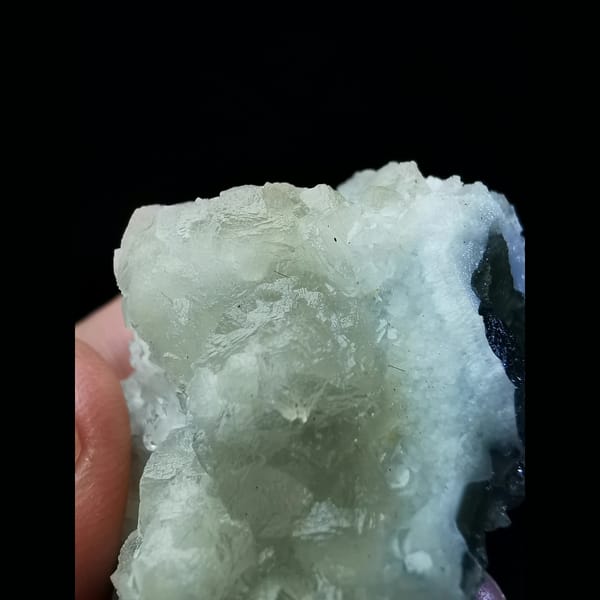 Green fluorite with quartz and prehnite from Shijiangshan — detail view