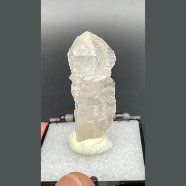 Clear quartz crystal with a sceptre-like stepped form from Yunnan — detail view