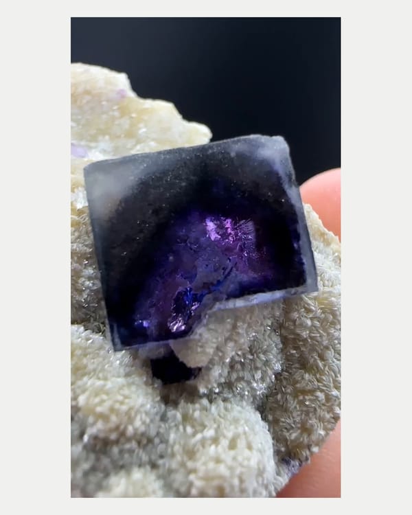 Complete left oblique view of purple phantom fluorite with mica