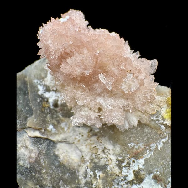 Pink-White Creedite with Yellow Inclusions on Matrix Guizhou 7.0 cm — detail view