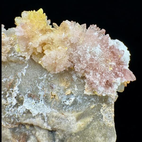 Pink-White Creedite with Yellow Inclusions on Matrix Guizhou 7.0 cm — detail view