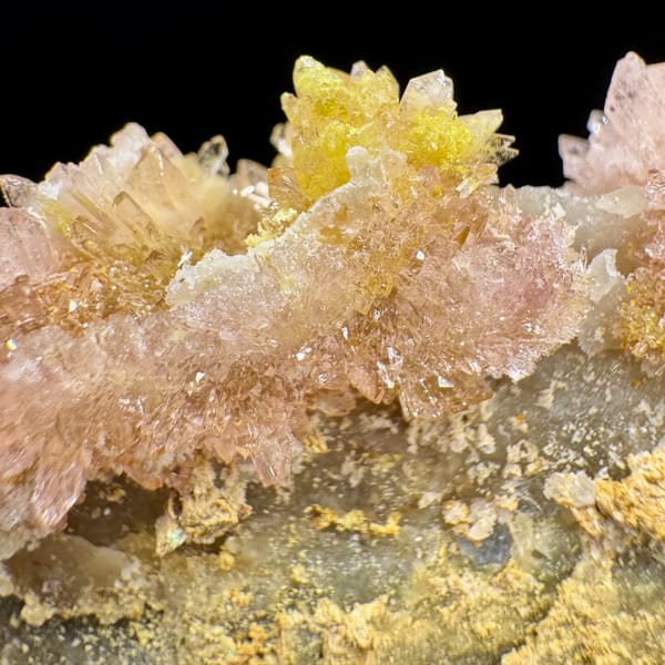 Pink-White Creedite with Yellow Inclusions on Matrix Guizhou 7.0 cm — detail view
