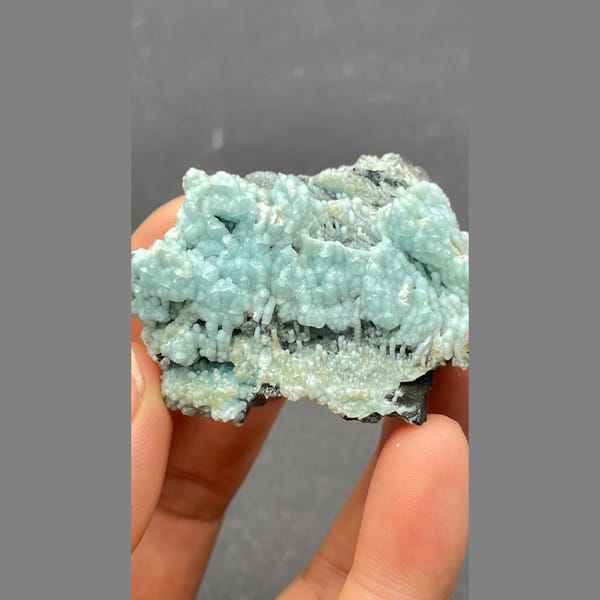 Botryoidal blue-green gibbsite crust on dark matrix from Yunnan — complete view