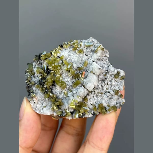 Yellow-green pyromorphite on quartz from Yangjiang, Guangdong — alternate view
