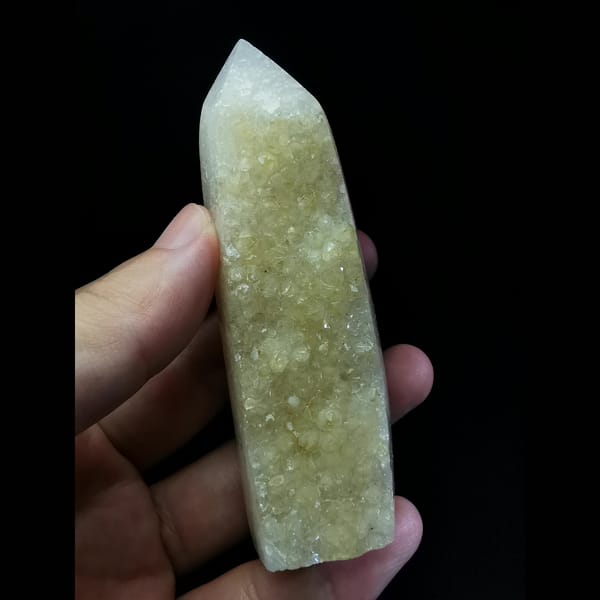 Lemon-yellow druzy quartz tower from Brazil — complete view
