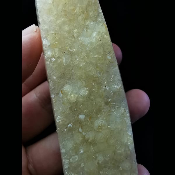 Lemon-yellow druzy quartz tower from Brazil — alternate view