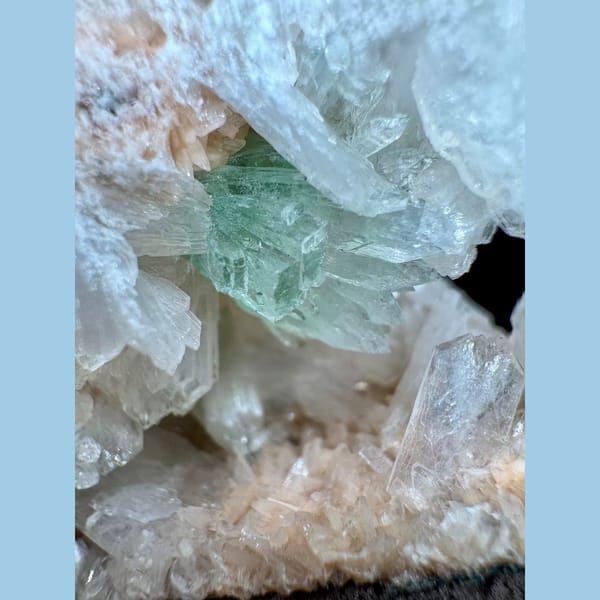 White Apophyllite with Green Apophyllite India 9.0 cm — detail view