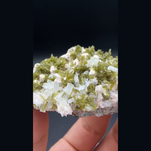 White laumontite with olive epidote and pink feldspar from Yunxiao, Fujian — alternate view