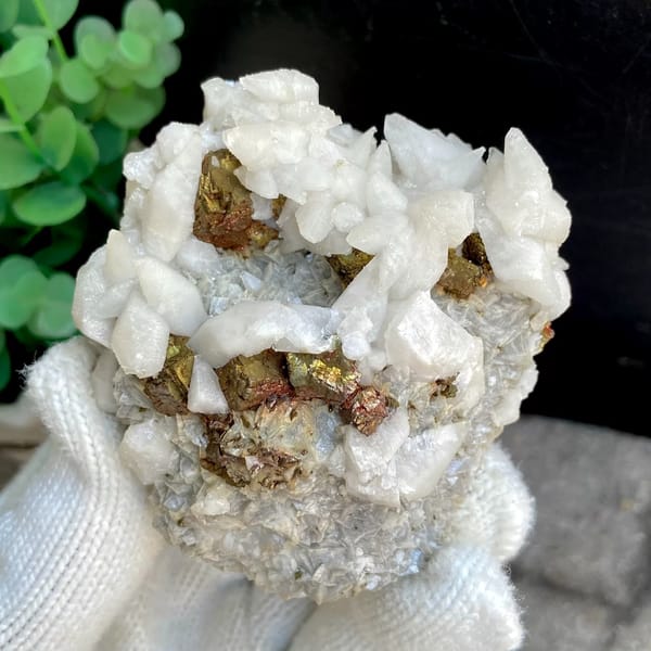 White calcite with brassy pyrite — detail view