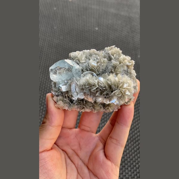 Pale blue aquamarine crystals on silvery mica from Xuebaoding, Sichuan — complete view