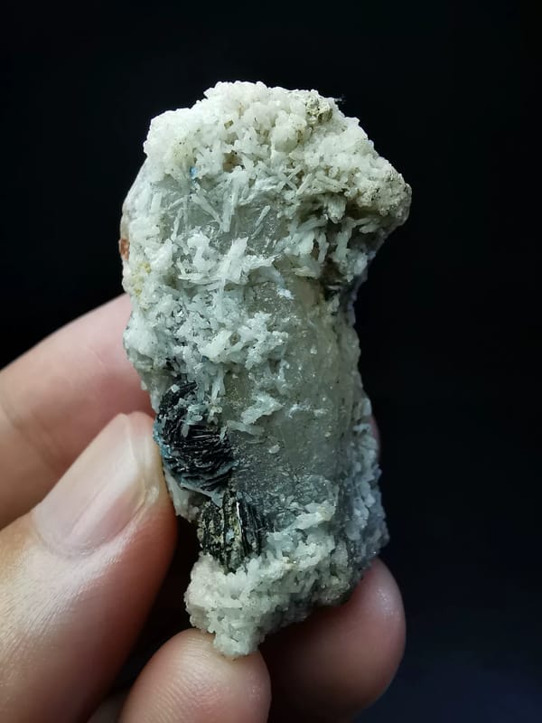 Quartz with white calcite and specular hematite rosettes — complete alternate side view of exact specimen