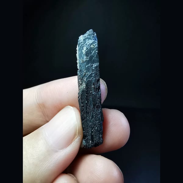 Etched black ilvaite crystal with tiny quartz — complete view