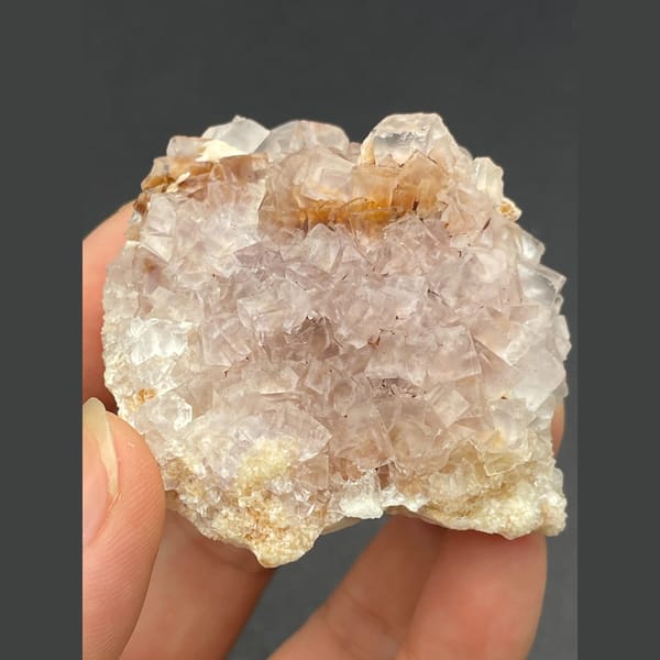 Cluster of pale pink fluorite crystals from Guizhou — complete view