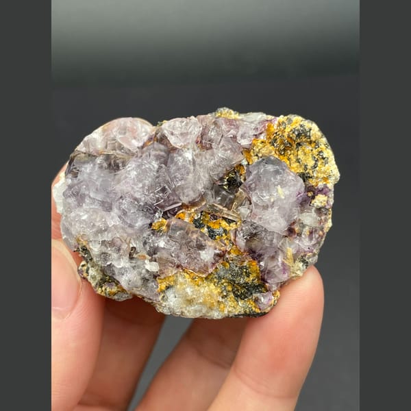 Pale lavender fluorite cubes on golden matrix from Inner Mongolia — detail view
