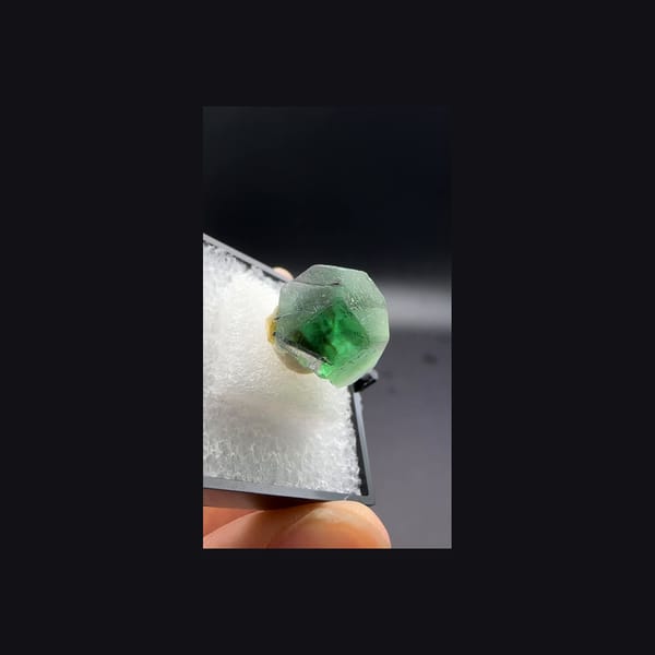 Whole green fluorite crystal from Namibia, reverse view