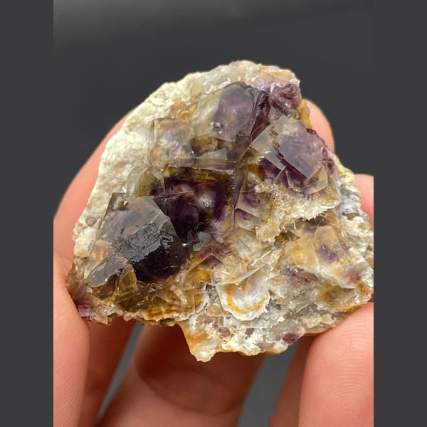 Dark purple fluorite cubes on golden matrix from Inner Mongolia — alternate view