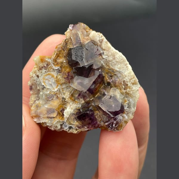 Dark purple fluorite cubes on golden matrix from Inner Mongolia — detail view