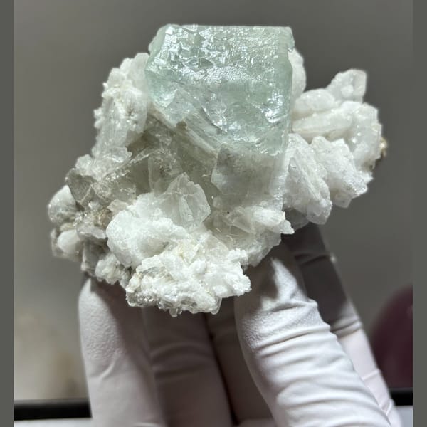 Fluorite with Albite and Mica Xuebaoding 7.6 cm — detail view