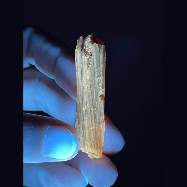 Slender glossy amber calcite crystal from Guizhou — detail view