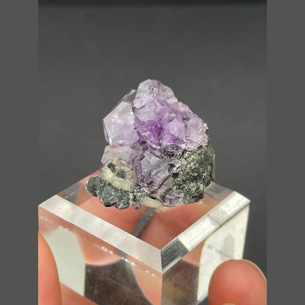 Tanzanite blue-violet fluorite on dark matrix from Fujian — detail view