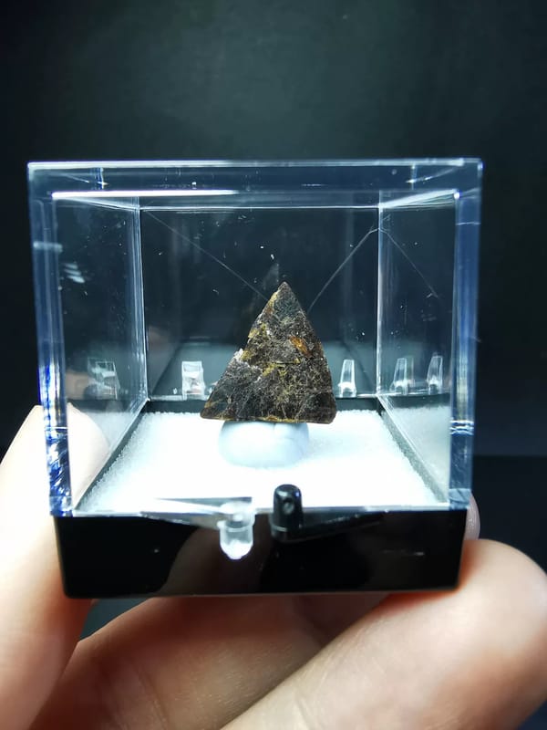 Brown garnet crystal displayed in its clear specimen box