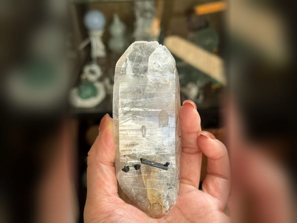 Pakistan Faden Quartz with Black Tourmaline 128 g, Flat Hand Mineral Specimen — complete view