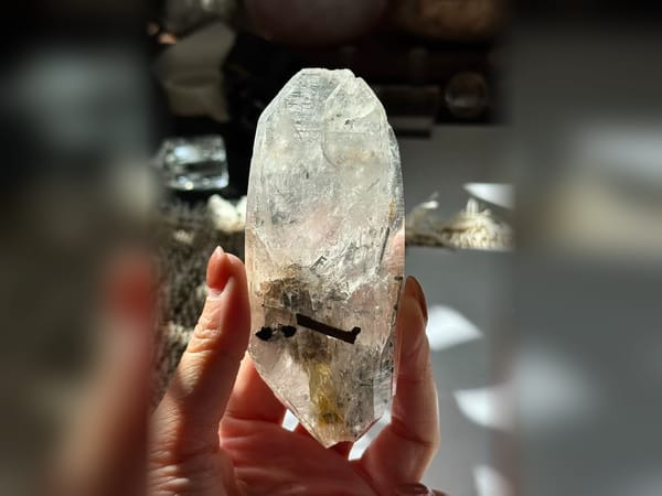 Pakistan Faden Quartz with Black Tourmaline 128 g, Flat Hand Mineral Specimen — alternate view