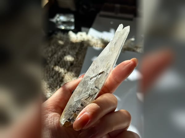 Pakistan Faden Quartz with Black Tourmaline 128 g, Flat Hand Mineral Specimen — alternate view