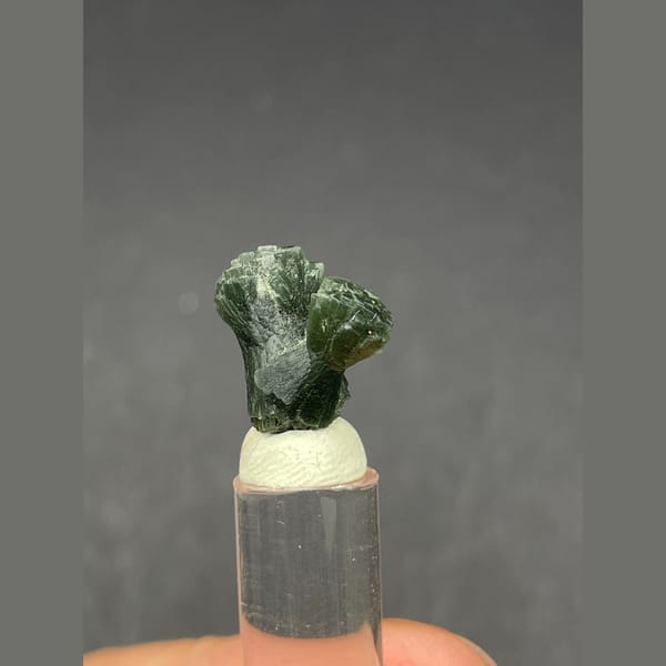 Small dark green radiating prehnite bowtie from Morocco — alternate view