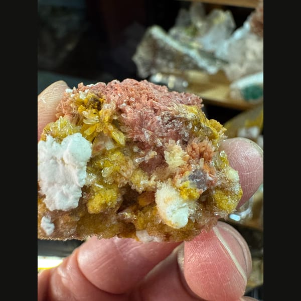 Crystal cluster of pink, yellow and white creedite, one-of-a-kind specimen, photo 3 of 6