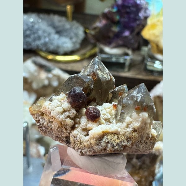 Smoky quartz crystal with garnet, natural mineral for display, photo 5 of 6