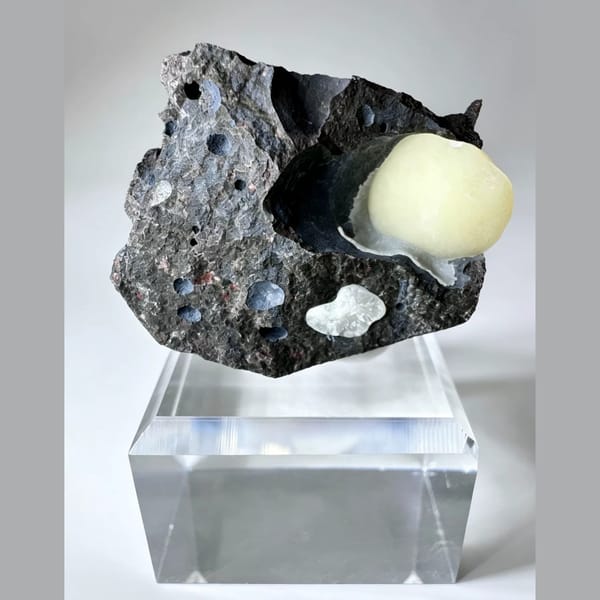 Globular aggregates in basalt of white calcite from Zhejiang, one-of-a-kind specimen, photo 3 of 3