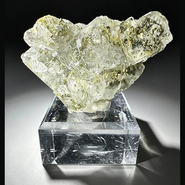 Clear glassy fluorite with golden pyrite cubes — complete view