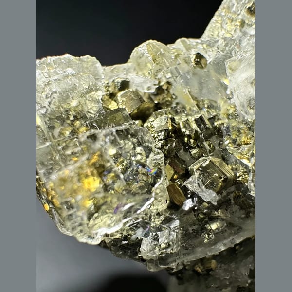 Clear glassy fluorite with golden pyrite cubes — alternate view