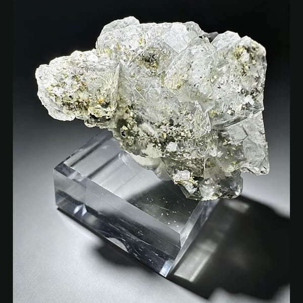 Clear glassy fluorite with golden pyrite cubes — detail view