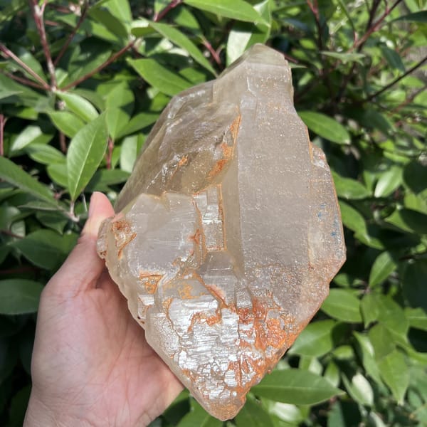 Citrine crystal from another angle with orange-stained crevices below