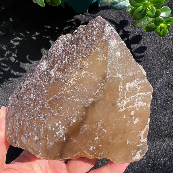 Citrine face beside a sparkly lepidolite crust on black cloth