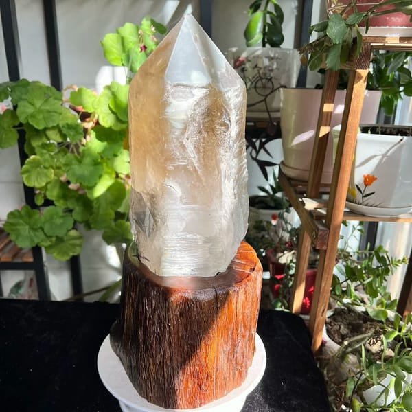 Citrine point on stand with milky lower body and pale honey termination
