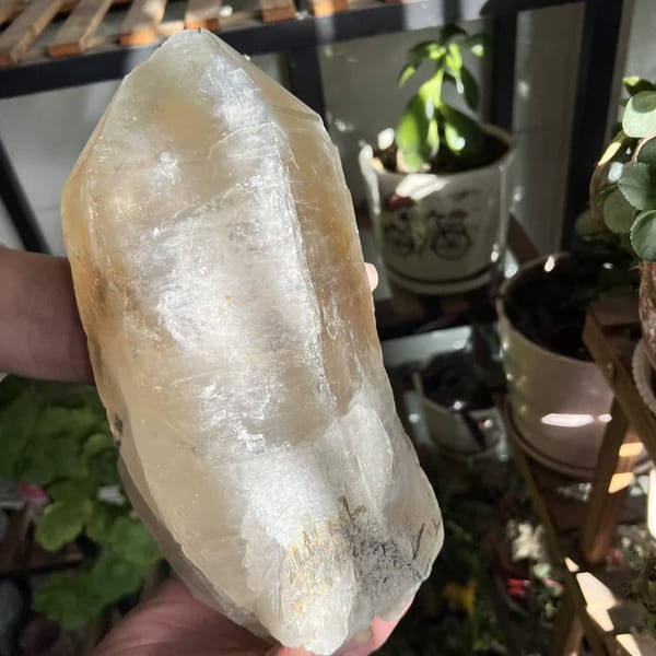 Crystal held off its stand in two hands showing its natural rough base