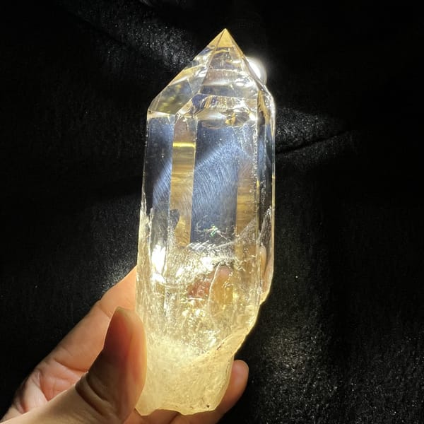 Narrow profile of the crystal with clear windows and needle feathers