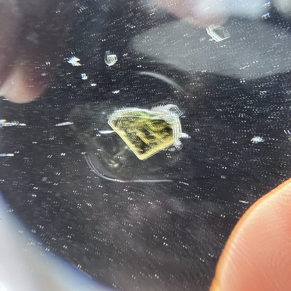 Macro view of the heart-shaped mica with tiny bubbles scattered around