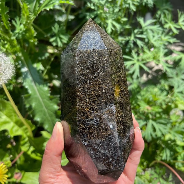 Dense rutilated quartz tower in hand, golden needles packed throughout