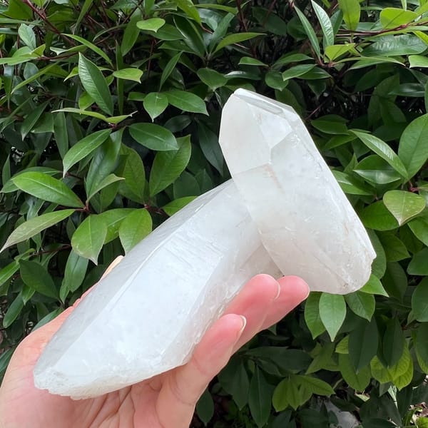 Long point angled to the left with the cap crystals standing on the right