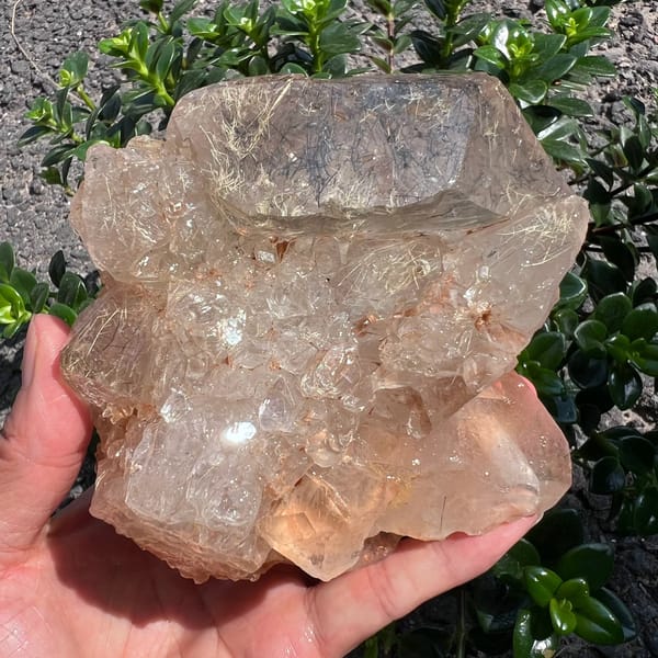 Chunky skeletal quartz with golden rutile visible in the upper window